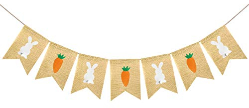 FAKTEEN Wimpelkette mit Aufschrift Happy Easter, aus Sackleinen, Kaninchen und Karotte, zum Aufhängen, Girlande für Frühling, Ostern, Partydekoration, Fotoautomaten-Hintergrund