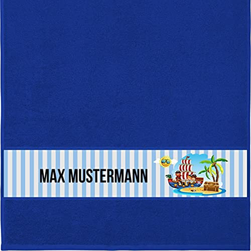 Manutextur Handtuch Mit Namen - Personalisiert - Pirat Motiv - Viele Farben - Dusch-Handtuch - Royalblau - Größe 50x100 cm - Persönliches Geschenk Mit Wunsch-Name