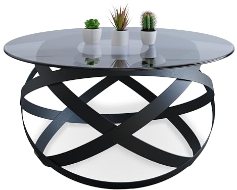 Lumarc Firenze, Couchtisch Rund aus Gehärtetem Glas und Stahl Handgefertigt, Wohnzimmertisch, Coffee Table, Schwarz, 70x40 cm, Langlebig & Stilvoll