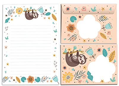 Briefblock mit Umschlag für Kinder Tiere Faultier Briefpapier-Set (Block A5 mit 25 Blätter + 15 Umschläge)