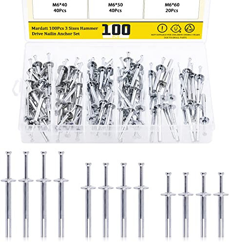 Mardatt 100 Pcs M6 Heavy Duty Hammer Drive Pin Anchors Assortment Set M6*40/50/60mm Metal Mushroom Head Anchor Drive Expansion Nail Fastener Rivet for Concrete Drywall