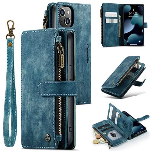 UEEBAI Wallet Case for iPhone 13 6.1 inch, Premium Handmade PU Leather Phone Case Card Slots Magnetic Closure Zipper Pocket Kickstand Flip Case with Hand Strap - Vintage Blue