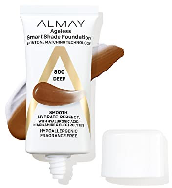 Almay Anti-Aging Foundation, Smart Shade Face Makeup with Hyaluronic Acid, Niacinamide, Vitamin C & E, Hypoallergenic-Fragrance Free, 800 Deep, 1 Fl Oz (Pack of 1)