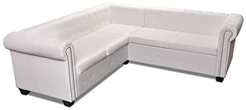 Makastle Chesterfield Ecksofa 5-Sitzer-Sofa L-Form Kunstleder Loungesofa Eckcouch mit Sitzpolster, Sessel Sofa Polstersofa für Küche oder Esszimmer, Weiß 205 x 205 x 73 cm