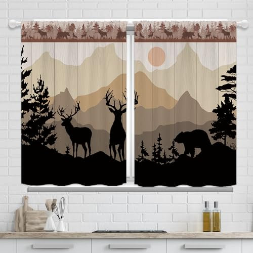 Yorida Tende da cucina rustiche con renna di cervo della foresta, rustiche, rustiche, fattoria, in legno, piccole tende corte per finestre da caffè, tramonto retrò, tende da bagno per finestre, 60 x
