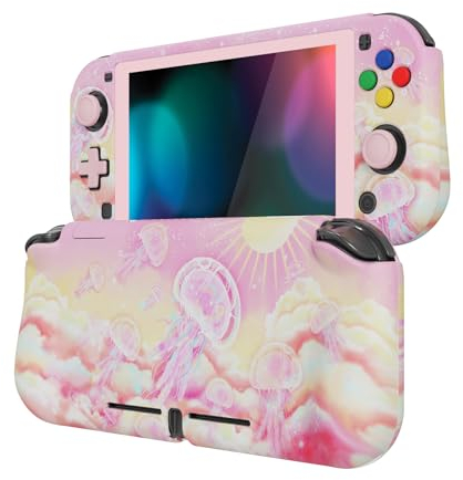 PlayVital ZealProtect Funda Protectora para Nintendo Switch Lite Accesorios Carcasa con Protector de Pantalla&Tapas de Agarre para el Pulgar&Pegatinas de ABXY Dirección Botón(Paraíso de Medusas Rosas)