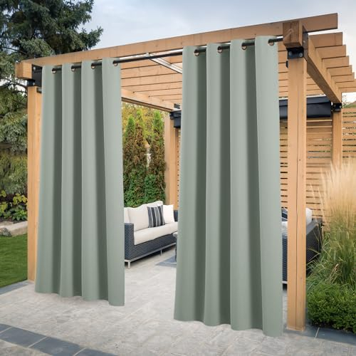 PONY DANCE Rideau Occultant - Rideaux d'Extérieur pour Jardin Pergola à Oeillets Lumière Bloquer Isolant Thermique Décoration pour Tonnelle, L 132 x H 213 cm, Sauge Vert, 2 PCs