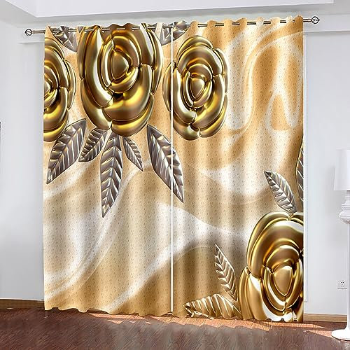 Skcess Fenstergardinen, Vorhänge Wohnzimmer Gold Rose Vorhang Polyester Gardinen 2er Set 137x244cm(WxH)