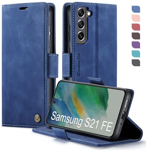 XYGLOW Handyhülle für Samsung Galaxy S21 FE Hülle Klappbar Premium PU Lederhülle Klapphülle【RFID Schutz】 Kartenfach Standfunktion Schutzhülle für Samsung S21 FE 5G Flip Case Wallet Tasche Cover, Blau