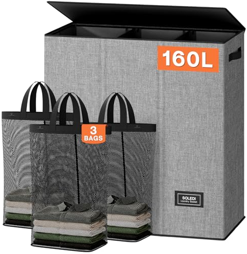 SOLEDI 160L Wäschekorb, Wäschesammler 3 fächer mit Deckel und 3 Wäschesack - Wäschesortierer Groß XXXL Für Badezimmer, Schlafzimmer, Wäschekammer, Kinderzimmer