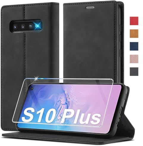 Handyhülle für Samsung Galaxy S10 Plus Hülle Leder [Mit Schutzfolie] für Samsung Galaxy S10 Plus Hülle Klappbar Leder Flip Wallet 360 Stoßfeste Case Schutzhülle Klapphülle für Samsung S10 Plus Holster