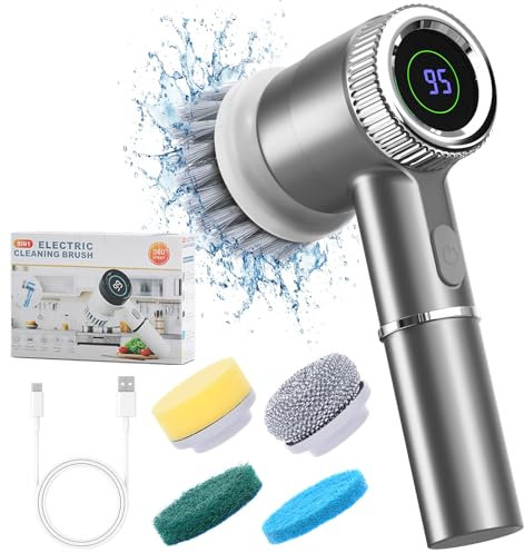 Irishom Electric Cleaning Brush,2024 New 5-IN-1 Portable Cordless Electric Spin Power Scrubber IPX7 Waterproof 3 Speeds Digital Display with 5 Brush Heads Ideal for Bathroom, Kitchen, Pantry, Corner