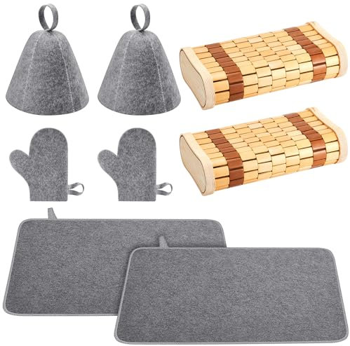Jecery 8 Pcs Sauna Accessories Bamboo Pillow Head Nest Rest Felt Hats Gloves and Mat Cushions Sauna Supplies Kit for Infrared Resting Steam Home Spa