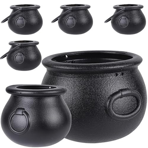 JOLCEEY 6pcs(8.5, 5.5, 4pcs 2.8) Halloween Large Cauldron, Black Plastic Witch Cauldron Pot Candy Bucket Holder with Handle for Trick or Treat Halloween Party Decorations Supplies
