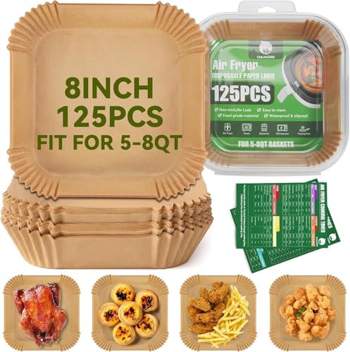 OAMCEG Air Fryer Liners Disposable Square – 125PCS Parchment Paper for 5-8QT Air Fryer, Oven, Microwave – Nonstick, Waterproof, Greaseproof with Recipe Stickers