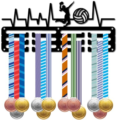 CREATCABIN Volleyball Medaillenhalter Sport Medaillenständer Wandmontage Eisenrahmen Dekoration Auszeichnungen Aufbewahrungsaufhänger 3 Leine Haken Für 60+ Medaillen Bänder Organizer Display 29x13cm