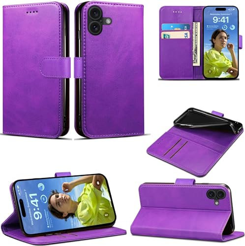 EKAM PU Leather Case for iPhone 16 6.1-Inch, Premium PU Leather Wallet Case Flip Phone Cover with [Card Holder][TPU Inner Shell] for iPhone 16 2024 (Purple)