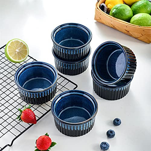 6-Piece 300ML Blue Ceramic Ramekins Baking Cups for Souffle Creme Brulee Custards Pudding Jams(10X4.7CM)