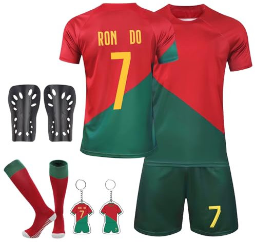 yumcute Kids Football Kit, Football Training Shirts with Shorts, Socks Football Guard Plate and Keychain Football Kits for Kids Home and Away No. 7/9 Football Jerseys Kits Gifts for Boys
