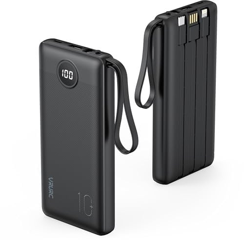 VRURC Power Bank 10000mAh con 4 Cables, Integrados Cargador portátil USB C Batería Externa portátil Pantalla LED Digital con 4 Salidas y 2 entradas Compatible con iPhone Huawei y Smartphone