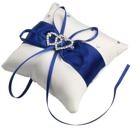 Zartes Doppelherz-Hochzeitsringkissen mit Bändern und Strasssteinen für Zeremonien (blau)
