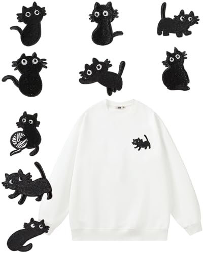 UYRVAPE 9pcs Aufnäher Patches, Patches zum Aufbügeln, Bügel Patches, Flicken zum Aufbügeln, Patch süße schwarze Katze kratzt und hält sich fest zum Aufbügeln Aufnäher Applikation Bügelbild