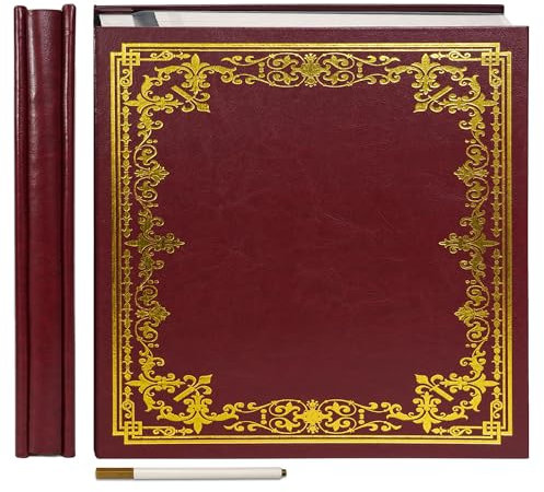 Vienrose Großes Selbstklebendes Fotoalbum Kunstleder Fotoalbum zum Selbstgestalten 32,5x33,5 cm Vintage Bedrucktes Erinnerungsalbum DIY 60 Seiten mit Metallic Stift, Rot