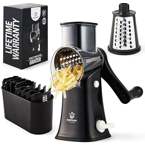 Nestware Kitchen Rotary Cheese Grater 5 Blade Cheese Shredder Reinforced Suction & 5 Interchangeable Drums - Easy to Use, Vegetable Chopper - Black