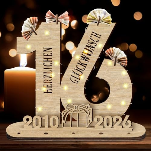 Idota 2026 16 Geburtstag Mädchen Geschenk Holz-Schild mit LED Gästebuch | Geldgeschenke Geburtstag Mädchen & Jungs, Geburtstag Deko Geschenke zum 16 Geburtstag, Personalisierbares Geschenk