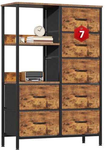 GoaHi Fabric Chest of Drawers Bedroom with 7 Drawers, Tall Storage Organizer Unit with 3 Layer Shelves,Storage Drawers with Fabric Bins, Storage Cabinet for Living Room & Closets(Rustic Brown)