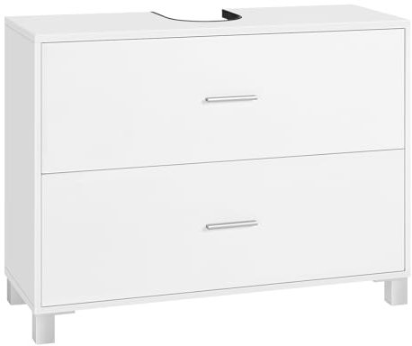 eSituro Mobiletto sotto Lavabo Salvaspazio, Mobile da Bagno con 2 Cassetti e 2 Cubi Interni, Armadio Bagno con Foro per Sifone 15x20 cm, Gambe Rialzate, Bianco, 80x30x60 cm