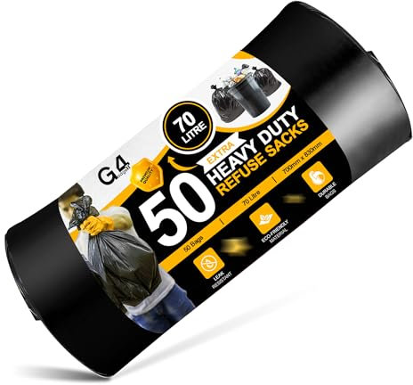 G4GADGET 70L Black Bin Bags (50 Bags) – Refuse Sacks | Bin Liners for Household, Kitchen, Garden & Office | Tear Resistant Rubbish Bags | Extra Thick Trash Sacks