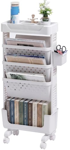 DOEWORKS Bücherregal mit Rollen Bücherwagen Klein Mobiles Bastelwagen | Rollwagen Schmal Aufbewahrungswagen 5 Ebenen Bücherregal Wagen für Wohnzimmer Schlafzimmer Büro Bibliothek, Weiß mit Tasse