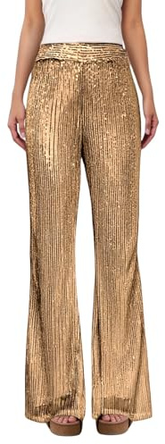 Generisch Glitzer Hose Damen Lang Pailletten Hose Gold Glitzer Lang Metallic High Waist Baggy Freizeithose Weites Bein Tanzhose