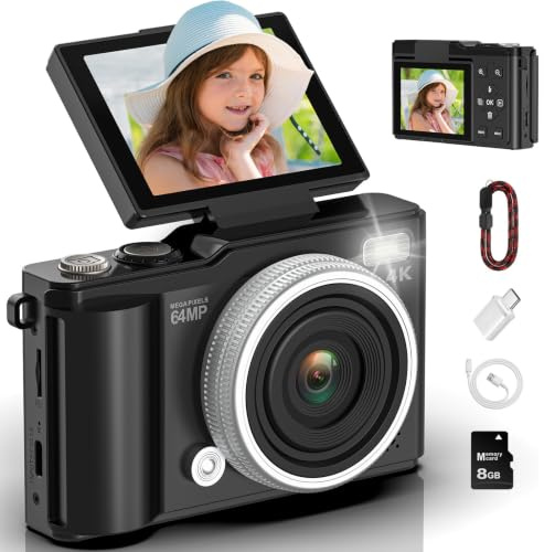 Digital Camera 4K 64MP with Macro SD Card, 180° Flip Screen Compact Camera with 16x Digital Zoom, Autofocus Vlogging Camera with USB Cable for Teenagers Boys and Girls