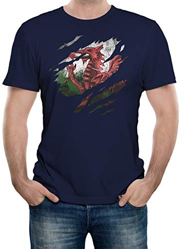 Reality Glitch Herren Torn Wales Flag T-Shirt (Navy Blau, XX-Large)