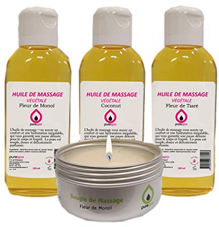 Sinnlich und aphrodisierend mit Monoi Massagekerze Kräuterduft und 3 Massageölen Geschenkset Duft Fleur De Monoi Fleur de Tiare Coconut