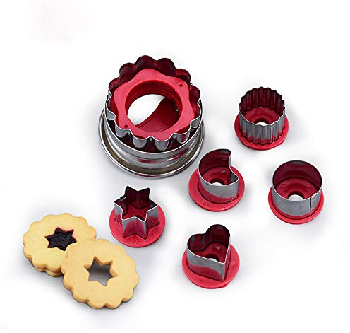 Joyeee Linzer Keksausstecher/Ausstecher Linzer, Ausstechformen für Weihnachten, Ausstecher für Plätzchen, Kekse und Fondant, Marzipan Fondant Auswerfer, 6-teilig (Rot)