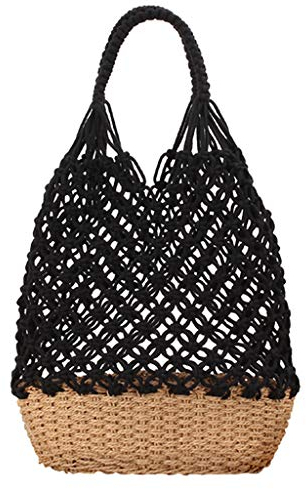 F Fityle Damen Tasche Netztasche Geldbörse Sommer Strandtasche Schultertasche Einkaufstasche Korbtasche, Schwarz