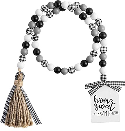 Farmhouse Plaid Wood Bead Garland with Tassel 40inch Hanging Decor Home Decorative Home Sign for Farmhouse Tiered Tray Wreath