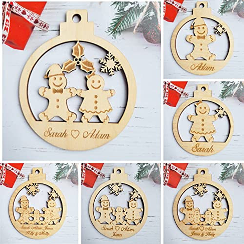 Personalised Christmas Bauble Gift Any Name Wooden Hanging Tree Decoration Xmas GINGERBREAD FAMILY (Male & Female + 2 Children)