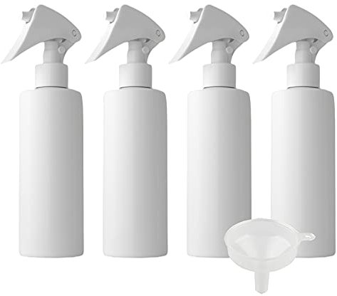 ZEOABSY Pack of 4 Empty 250ml White Refillable Spray Bottles, 150 ml Plastic Misting Bottles Trigger Sprayer for Cleaning, Gardening, Travel Beauty, Barber Shop Essential + 1 x Funnel