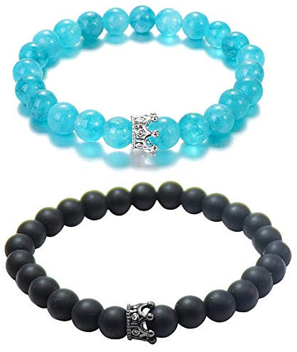 UEUC Armband mit CZ Kronen König und Königin schwarz Matte und weiß Howlite 8 mm Beads Armband(#74)