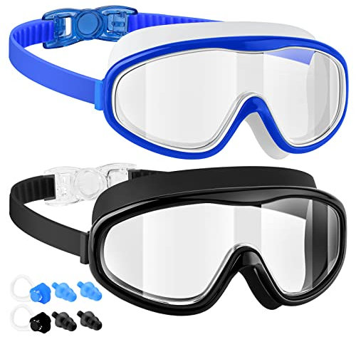 EasYoung Adult Swim Goggles, Pack of 2 No Leaking Swimming Goggles Anti-Fog UV Protection, Wide Vision Swim Glasses with Nose Clips Ear Plugs for Men Women Youth, Over 15