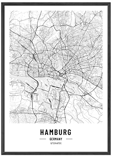 JUNOMI® Hamburg Poster DIN A2 mit Rahmen Schwarz, DIN A2 Wohnzimmer Deko, Modernes Wandbild, Hamburg Bild, Wandbild mit Rahmen, Stadtplan Poster Hamburg, perfekte Geschenkidee für Hamburger