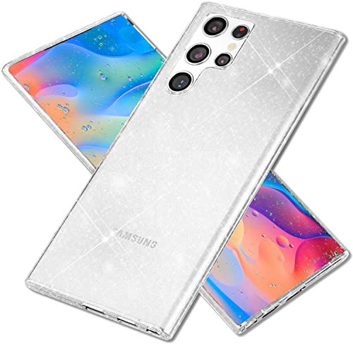 NALIA Étui Clair Brillant Compatible avec Samsung Galaxy S22 Ultra Coque, Translucide Anti-Jaune Bling Paillettes de Diamant Incorporées, Housse Protection Silicone Anti-Choc, Couleur:Transparent