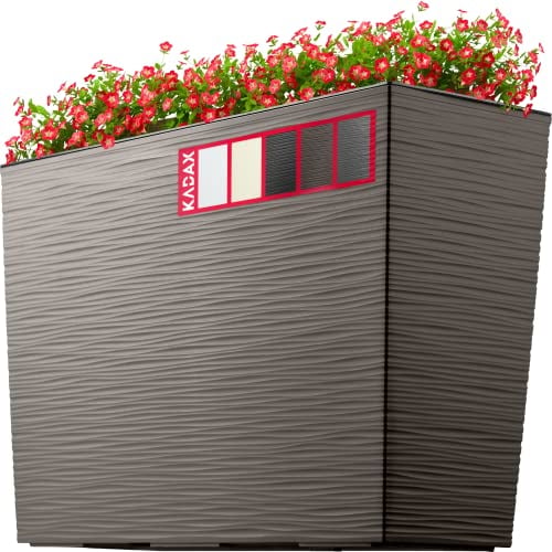 KADAX Blumenkasten aus Kunststoff, 18,5x55,7cm, 5 Farben, Blumentopf mit Bewässerungsbändern, Balkonkasten mit Einsatz, Pflanzkasten für Außen, Blumenkubel (Rechteckig, Ritzmuster, Mokka)