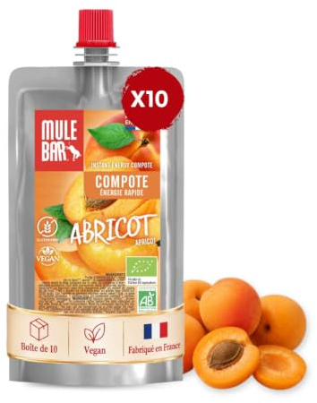 MULEBAR - Boite De 10 Compotes Energétiques - Abricot - Facile à Digérer - ingrédients 100% Naturels - Bio - Vegan - sans Gluten - Fabriqué en France - 65gr
