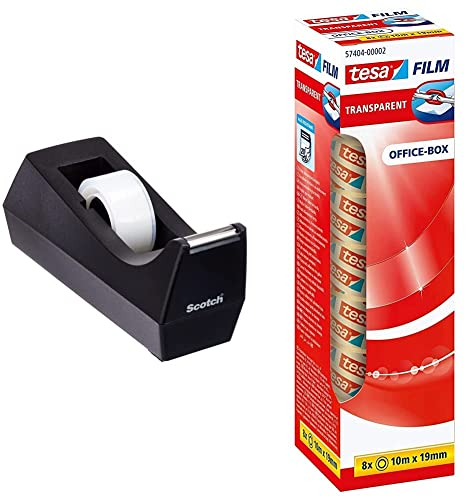 Scotch Klebebandabroller 83980 – Schwarz – Inkl. 1 Rolle Klebefilm & tesafilm transparent - Transparentes Klebeband mit starker Haftung - alterungsbeständig und reißfest - 10 m x 19 mm - 8er Pack