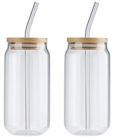 Liuyoyo 2 tazas de vidrio con tapas de bambú y pajitas de vidrio, vasos de bebida reutilizables de vidrio batido taza de cerveza vaso adecuado para té café helado